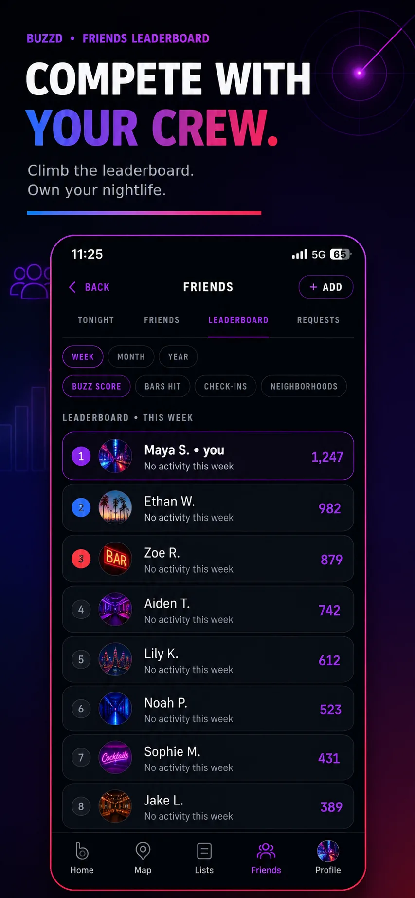 Buzzd friends leaderboard screen