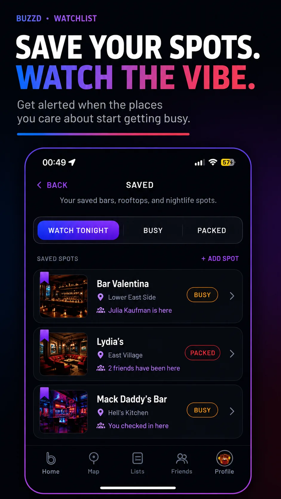 Buzzd watchlist with saved nightlife venues